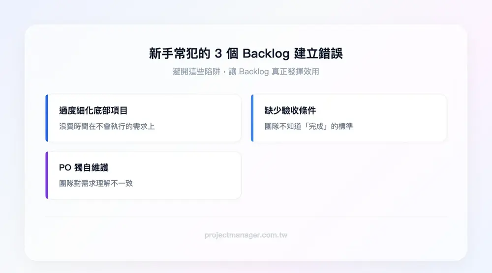 新手常犯的 3 個 Backlog 建立錯誤：過度細化底部項目（浪費時間在不會做的事上）、缺少驗收條件（開發團隊不知道「完成」的標準）、PO 獨自維護（團隊對需求理解不一致）